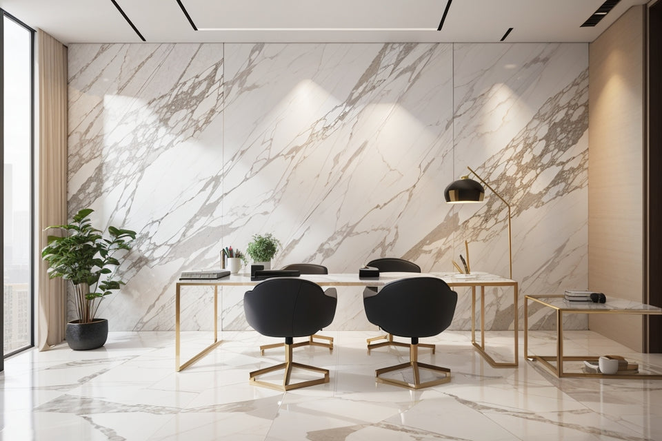 White marble wallpanels in an office